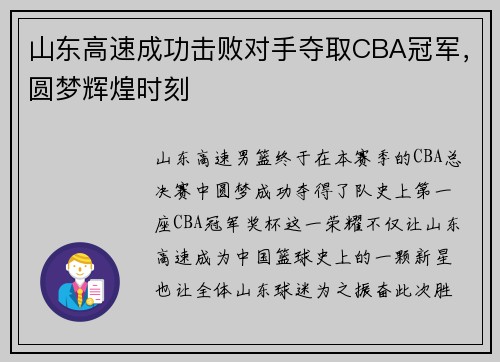 山东高速成功击败对手夺取CBA冠军，圆梦辉煌时刻